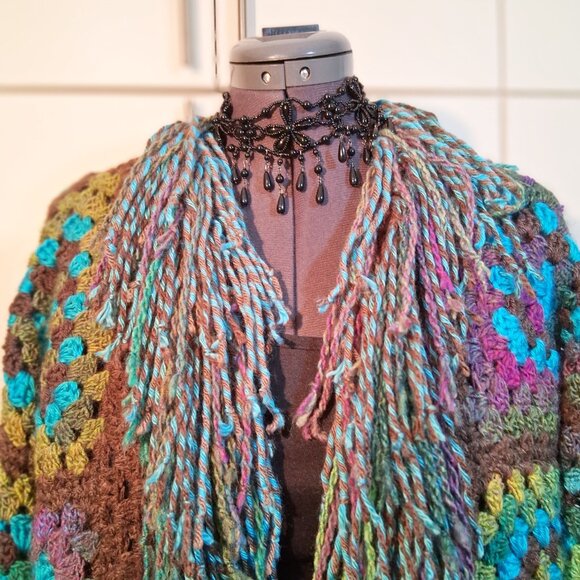 My Fairy Forrest Brown Green Turquoise Granny Square Super Fringe Sweater L/XL - Picture 6 of 16